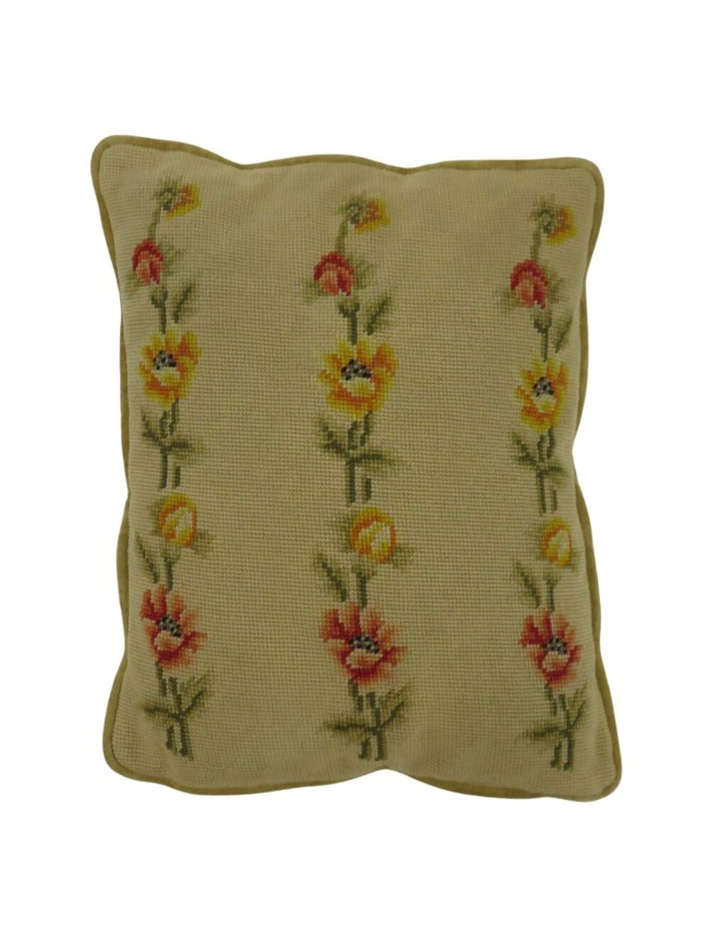 VTG Yellow Orange Poppy Needlepoint Throw Pillow Rectangle Velvet Country Floral